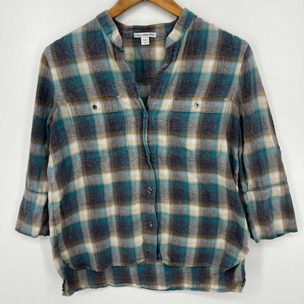 James Perse Teal Blue Brown Plaid Button-Down Shirt
